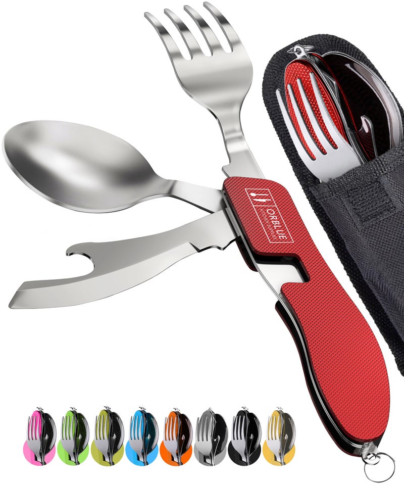 Orblue 4-in-1 Camping Eating Utensils  2-Pack - Portable Spoon  Fork  Knife & Bottle Opener Combo Set - Stainless Steel Flatware with Detachable Fork - Travel  Backpacking Cutlery Multitool  Red - Image 1